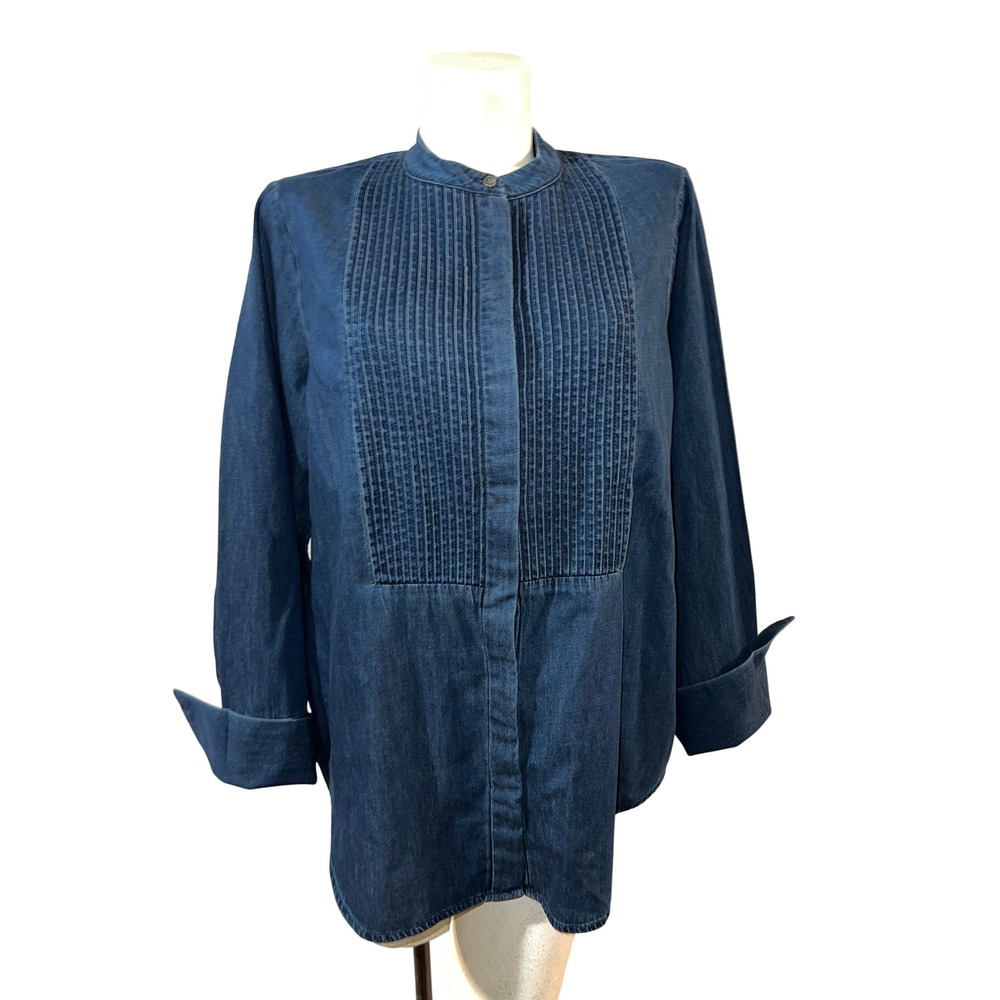 Banana Republic Top Size XL Dark Wash Denim Pleated Tuxedo Bib Shirt Band Collar - Picture 3 of 8